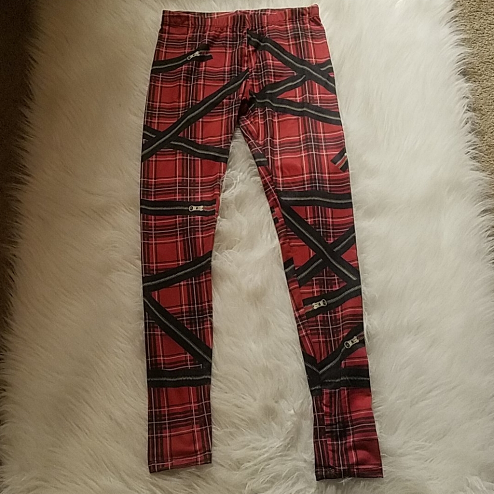 BLACK AND RED PLAID ZIPPER LEGGINGS